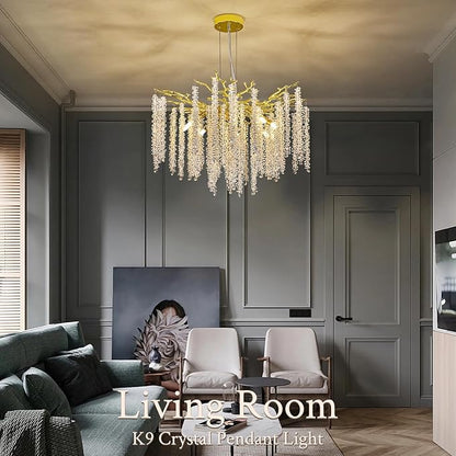 Benkut Modern Tree Branch Crystal Chandelier Luxury Gold Raindrop Pendant Lighting 23.6" Contemporary 8-Light Chandeliers for Dining Room Kitchen Bedroom Living Room