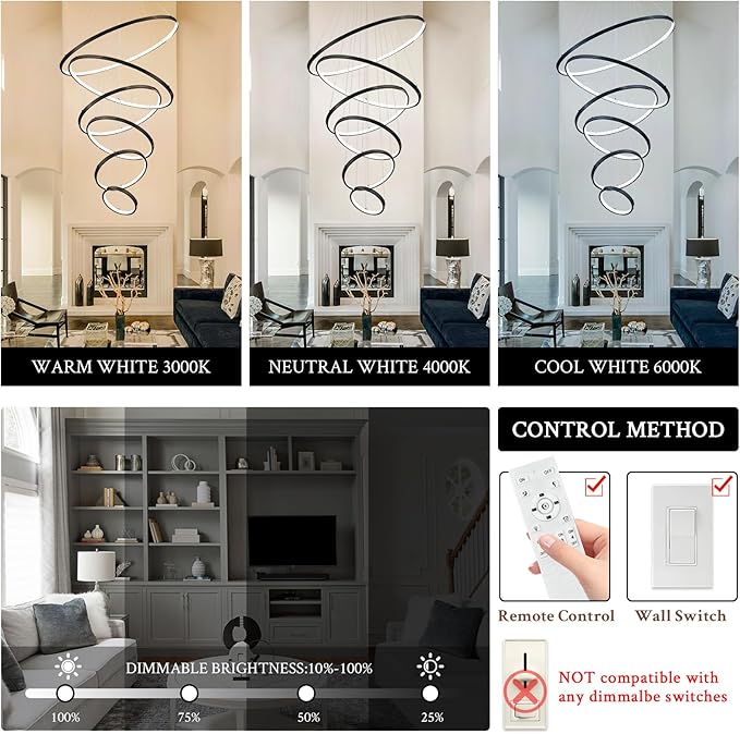 6 Rings Chandelier High Ceiling, Black Modern LED Chandeliers with Remote Control Large Foyer Chandelier Entryway Dimmable Pendant Light Fixture for Living Room Staircase, 3000-6500K