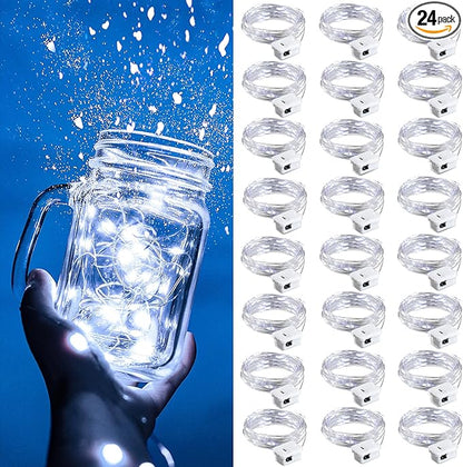 ZGWJ Fairy Lights Battery Operated, 24 Pack White Twinkle String Lights 20 LED 7FT Mason Jar Lighting Waterproof for Bedroom, Halloween, Christmas, Party Indoor and Outdoor Decoration