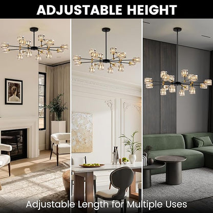 16-Light Black Crystal Chandelier Modern Sputnik Chandeliers for Dining Room Adjustable Height Sputnik Ceiling Light Fixture for Living Room Kitchen Island Bedroom