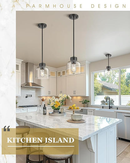 2-Pack Pendant Lights Kitchen Island, 7" Matte Black Hanging Lights Fixtures with Clear Glass Shade, Modern Kitchen Pendant Lighting Over Island for Dining Room, AD-24024-1P2-BK