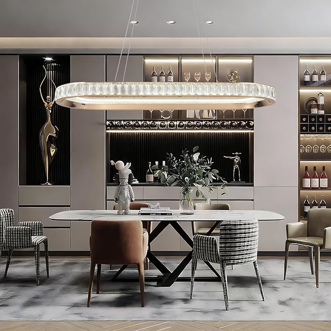 Gold Modern Chandelier Linear Led Chandeliers for Dining Room Oval Ring Chandelier Light Fixture Dimmable Led Pendant Light for Kitchen Island Lighting with Remote Controller