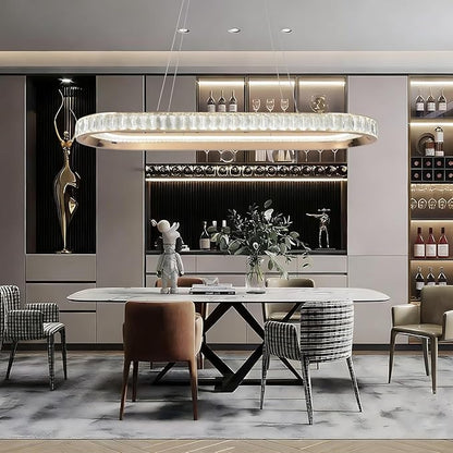 Gold Modern Chandelier Linear Led Chandeliers for Dining Room Oval Ring Chandelier Light Fixture Dimmable Led Pendant Light for Kitchen Island Lighting with Remote Controller