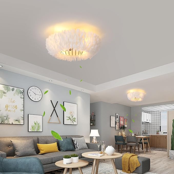 20" Modern Ceiling Fans with Lights and Remote Control，White Feather Chandeliers Stylish Low Profile Ceiling Fan for Bedroom, Living Room and Small Spaces,Featuring Reversible Motor, 6 Speeds