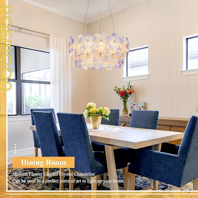 Modern Purple Flower LED Chandelier 20'' Gold Elegant Crystal Lighting for Dining Room Dimmable Ceiling Pendant Light Fixture with Remote Control for Entryway Bedroom Kitchen(3000K-6500K)