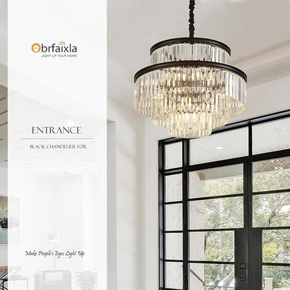 21.6" 14-Light Modern Crystal Chandelier Light Fixtures 4-Tier Black Luxury Chandeliers for Dining Room Round Hanging Pendant Lighting for Living Room Kitchen Entryway Bedroom Foyer Hallway