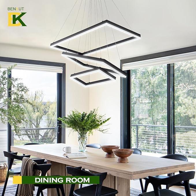 Benkut 3 Rings Modern LED Chandelier Black 31.5inch Rectangle Dimmable LED Pendant Light with Remote Control 3 Tier Flush Mount High Ceiling Light for Dining Living Room Foyer(3000K-6500K, H71)