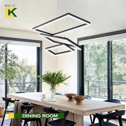 Benkut 3 Rings Modern LED Chandelier Black 31.5inch Rectangle Dimmable LED Pendant Light with Remote Control 3 Tier Flush Mount High Ceiling Light for Dining Living Room Foyer(3000K-6500K, H71)
