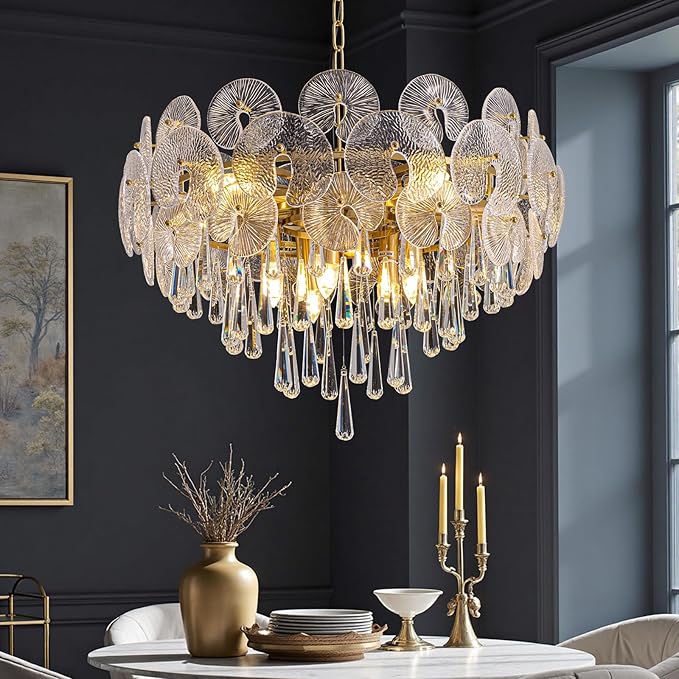 26-inch Crystal Chandelier,10-Light Modern Luxury Chandelier for Dining Room,Living Room,Entryway,Foyer,Bedroom,59" Adjustable Height Chain,25.6"x15.7"