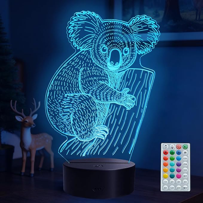 Koala Night Light, Koala Gifts, 3D Illusion Lamp with Remote Control, 16 RGB Colors, 4 Flashing Modes, Timer, Dimmable, Cute Animal for Decor for Holiday Birthday Christmas