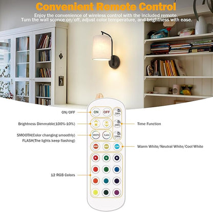 MATAMEYE Battery Operated Wall Sconce Set of 2, Black Rechargeable Wireless Wall Light Fixture with Remote, 12 RGB Colors & Timer, Indoor Dimmable Wall Lamp with Linen Shade