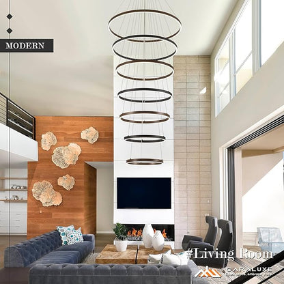 7 Ring LED Chandelier Black Gold Chandelier Large Dimmable Circular Chandeliers Light High Ceiling Round Chandeliers for Foyer Staircase Living Room 31in