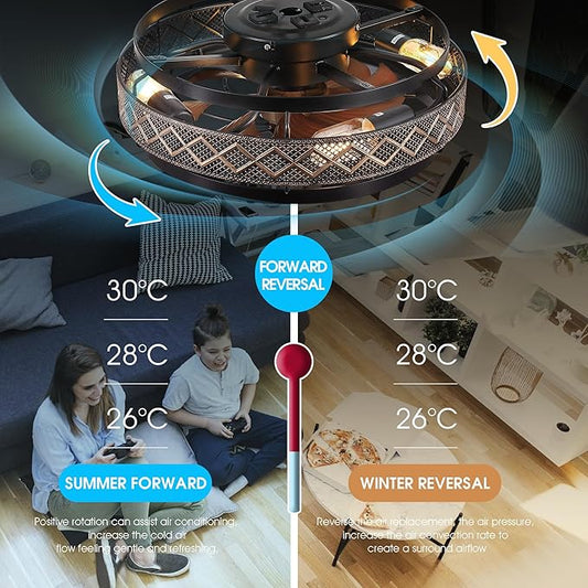 SHIHOT 18" Low Profile Caged Ceiling Fans with Lights and Remote, Flush Mount Ceiling Fan with Light, Bedroom Fan, Small Industrial Black Ceiling Light Fixture, Reversible(Bulbs Not Included)