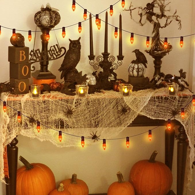 Abeja 25Ft C7 Orange String Lights with 27 Clear Orange Bulbs (2 Spare) - Vintage Halloween String Lights on Black Wire for Patio, Party & Spooky Decor