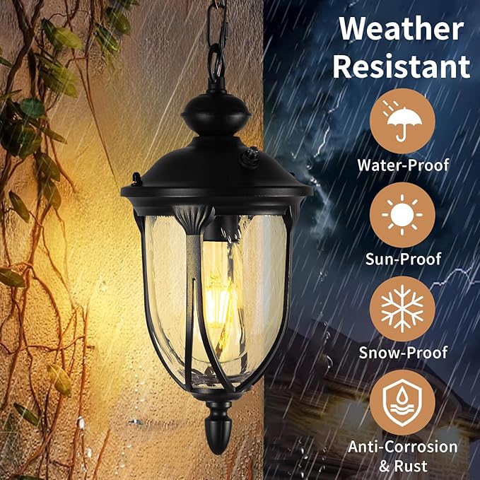 JYZ Vintage Dusk to Dawn Outdoor Hanging Lantern, 15 Inch Rustic Exterior Pendant Light Fixture with Seeded Glass, Antique Black Ceiling Mount Chandelier for Porch, Patio, Gazebo, Entryway JYOPL04