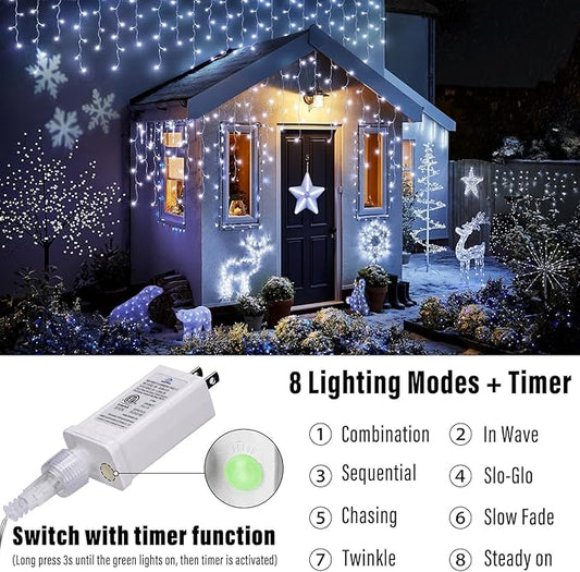 Joomer Christmas Icicle Lights - 19FT Outdoor String Lights Waterproof, 8 Modes Timer Connectable Plug-in String Light for Christmas Party, Eaves, Roofs, Xmas Decorations (White)