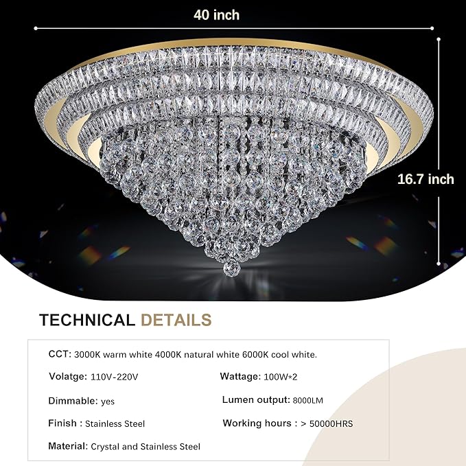 COCOSTAR 40" Gold Crystal Chandeliers, Flush Mount Chandelier LED Ceiling Light, Modern Crystal Raindrop Chandeliers for Dining Room, Living Room, Bedroom
