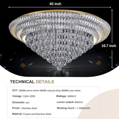 COCOSTAR 40" Gold Crystal Chandeliers, Flush Mount Chandelier LED Ceiling Light, Modern Crystal Raindrop Chandeliers for Dining Room, Living Room, Bedroom