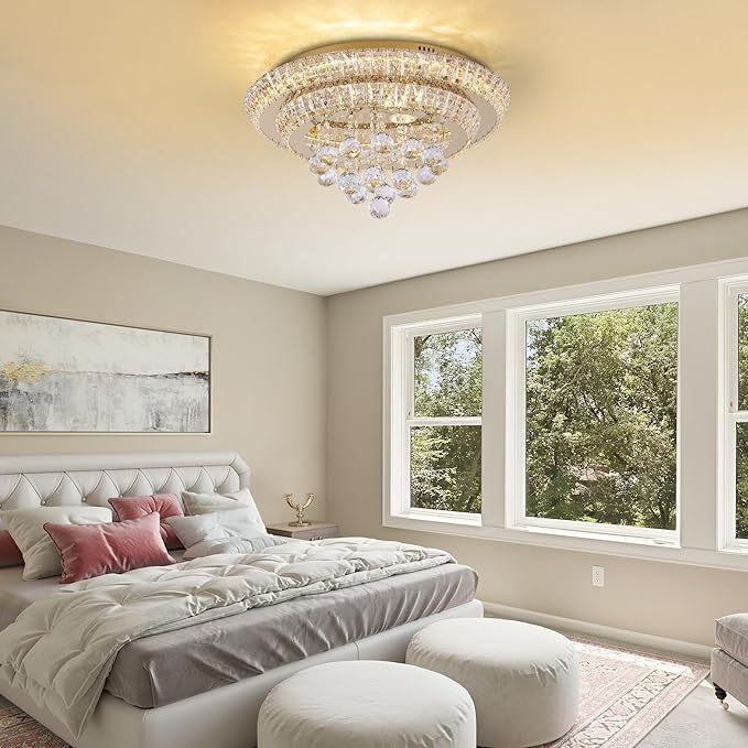 Miuyhji Large LED Crystal Raindrop Ceiling Light,Rose Gold, 20" Elegant Semi Flush Mount Chandelier Light Fixture with Remote Control for Living Room Kitchen Bedroom Hallway Entryway Foyer(Dimmable)