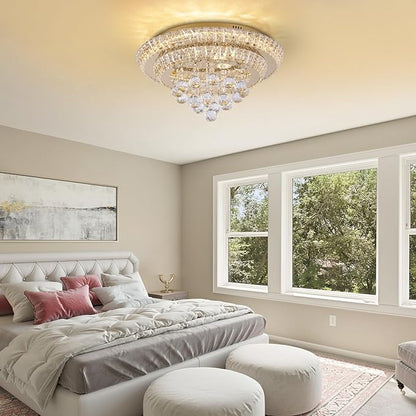 Miuyhji Large LED Crystal Raindrop Ceiling Light,Rose Gold, 20" Elegant Semi Flush Mount Chandelier Light Fixture with Remote Control for Living Room Kitchen Bedroom Hallway Entryway Foyer(Dimmable)