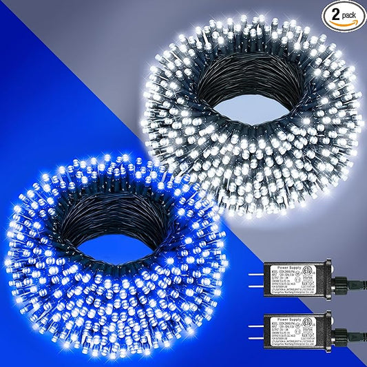 2 Pack Christmas Lights Outdoor, Total 200FT 600 LED String Lights for Outside Waterproof with 8 Modes, Green Wire Twinkle Tree Lights for Indoor Patio Xmas Decorations, 1 Pack Blue & 1 Pack White