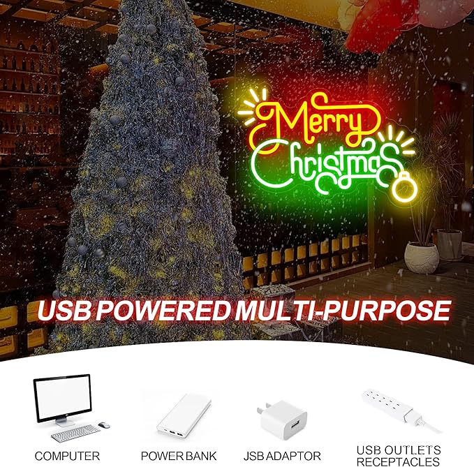 Merry Christmas LED Neon Sign – Festive Tree-Themed Wall Light for Holiday Home Decor, Party Backdrop & Gift, Customizable Christmas Wall Decoration 14″×10.2″