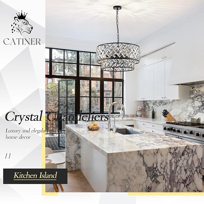 CATINER Black Crystal Chandelier, 8-Light Drum Semi Flush Mount Ceiling Light, 24'' Modern Crystal Pendant Chandelier for Dining Room, Living Room, Bedroom, Kitchen, Foyer
