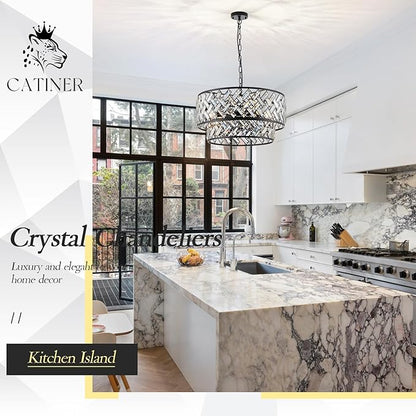 CATINER Black Crystal Chandelier, 8-Light Drum Semi Flush Mount Ceiling Light, 24'' Modern Crystal Pendant Chandelier for Dining Room, Living Room, Bedroom, Kitchen, Foyer
