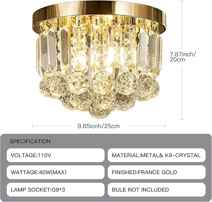 Round Crystal Lamp Chandelier,Modern Gold G9 Ceiling Mount Fixture Dia.9.85" x H8.25 for Living Room Dining Room Hallway (3 Light) …