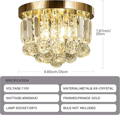 Round Crystal Lamp Chandelier,Modern Gold G9 Ceiling Mount Fixture Dia.9.85" x H8.25 for Living Room Dining Room Hallway (3 Light) …
