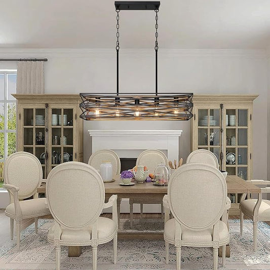 Sigaitwei 33.5''Farmhouse Dining Room Light Fixture,5-Light Kitchen Island Lighting,Industrial Chandelier for Dining Room Over Table Kitchen,Large Linear Chandelier with Retro Wood Texture Interior