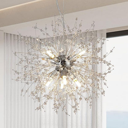 Small Firework Chandelier, 8 Lights Sputnik Pendant Island Light, Chrome Dandelion Crystal Chandelier for Kitchen Dining Room Bedroom