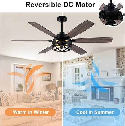 Farmhouse Ceiling Fan with Lights and Remote Large Rustic Ceiling Fan Caged Fandelier Industrial Chandelier Light, Reversible Quiet DC Motor 6 Speed for Indoor Outdoor (Farmhouse, 60 Inch)