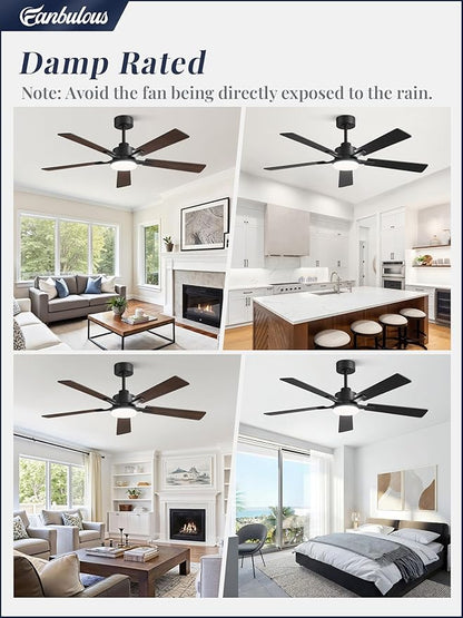 52 Inch Ceiling Fan with Light and Remote, 6 Speeds Reversible DC Motor Ceiling Fans for Bedroom Living Room Patio, 3CCT Dimmable LED, 5 Wood Blades, Downrod Mount, Sloped Ceiling Compatible