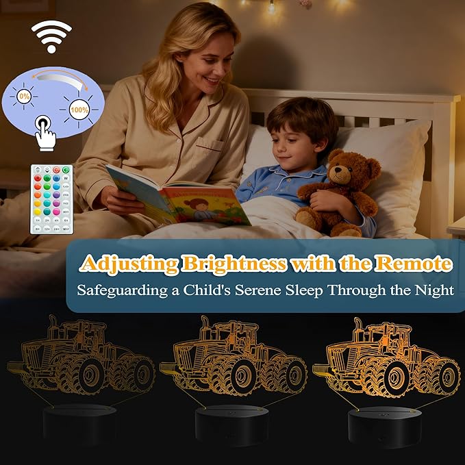 Tractor 3D Night Light, Tractor Gifts, LED Illusion Lamp with Remote Control, 16 Colors, Timer, RGB Flashing Mode and Dimmable, Tractor Toys Cool Stuff for Holiday Birthday Christmas