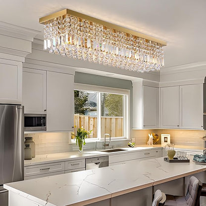 8-Light Gold Crystal Chandelier, Modern K9 Crystal Rectangle Chandelier for Dining Room Kitchen Island Hanging Pendant Light Fixture, L40 x W10 x H10