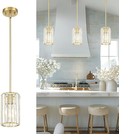 Crystal Pendant Lights, Hanging Light Fixture with Polished Gold Finish, Modern Mini Chandelier, Pendant Lights Kitchen Island Dining Room Bedroom, PL5510-1P-PG