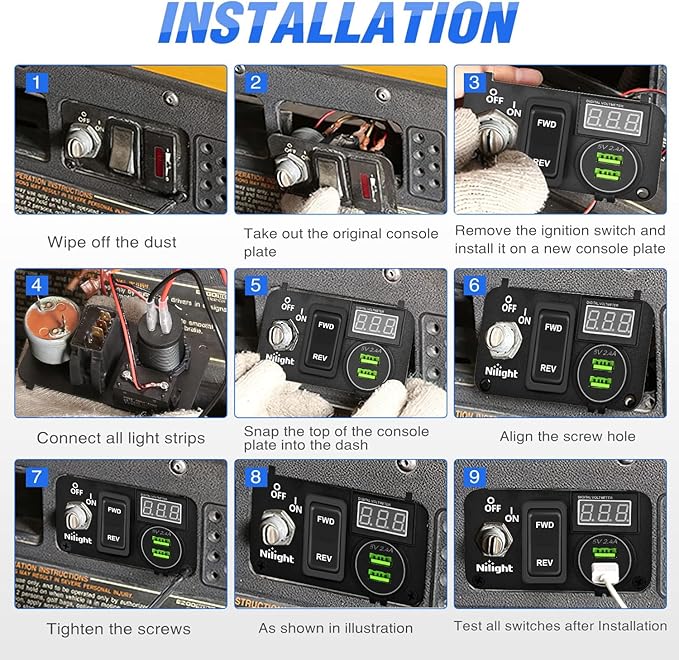 Nilight Golf Cart Key Switch Console Panel 9V-48V DC with Forward Reverse 3PIN Rocker Switches 4.8A Dual USB Quick Charger LED Digital Voltmeter for EZGO TXT PDS