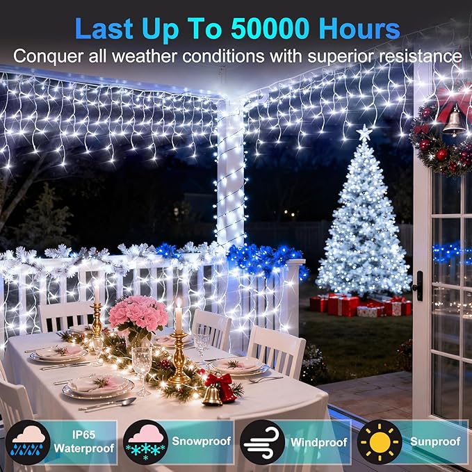 810LED 82ft Christmas Lights, 180Drops 12 Modes Cool White Christmas String Lights Outdoor Dimmable, Waterproof Christmas Decoration Fairy Lights with Timer for Indoor Eaves Party Patio Window Fence