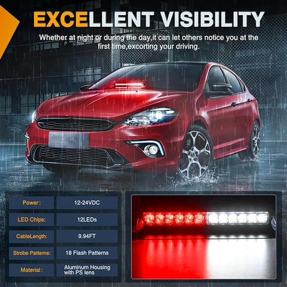 Nilight 12LED Traffic Advisor Strobe Light Bar Red White Emergency Warning Hazard Safety Dash Front/Rear Windshield Flashing Lights for Cars Trucks Police Firefighter Plow Construction Vehicles