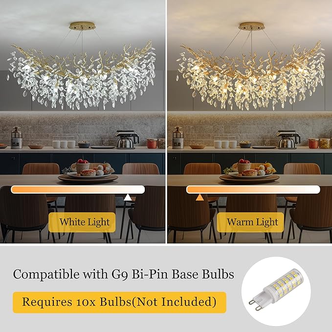 Rectangle Crystal Tree Branch Chandelier, L40'' Modern Luxury Gold Linear Art Deco Raindrop Pendant Lighting Fixture for Kitchen Island Foyer Living Room Dining Room 10 Lights