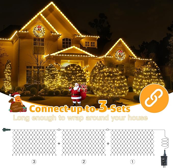 Ollny Net Lights Outdoor Mesh Light, 210LED 10x7ft Green Wire Christmas Net Lights, IP67 Waterproof, 8 Modes Plug in Bush Light for Tree Shrubs Outside Patio Decorations, Warm White