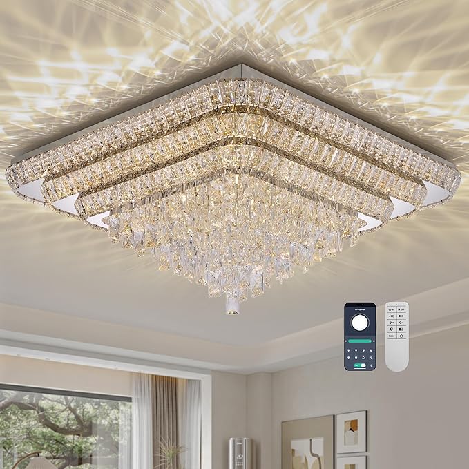 COCOSTAR Crystal Chandeliers, Modern Led Luxury Chandelier, 42" Suqare Flush Mount Chandelier Ceiling Light, Raindrop Chandeliers for Dining Room, Living Room, Bedroom