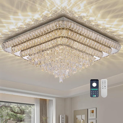 COCOSTAR Crystal Chandeliers, Modern Led Luxury Chandelier, 42" Suqare Flush Mount Chandelier Ceiling Light, Raindrop Chandeliers for Dining Room, Living Room, Bedroom