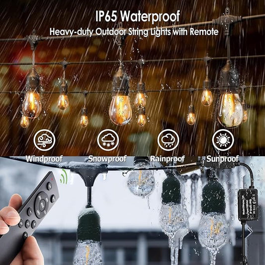 190FT Remote Controlled Outdoor String Lights Patio String Lights for Outside, 60+3 Shatterproof S14 Warm Lights String Outdoor for Bistro Café Gazebo Backyard, Linkable, 2 Pack