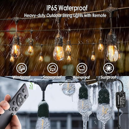 1-Pack 150 ft Outdoor String Lights with Remote Patio Lights Weatherproof, 45+3 Spare S14 Shatterproof Warm 2200K Bulbs, 3 Lighting Modes&Dimmable&Timer