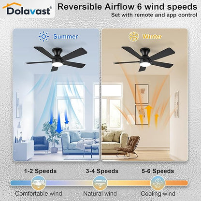 Ceiling Fans with Lights, 42 Inch Low Profile Ceiling Fan with Light and Remote Control, Flush Mount, Reversible, 3CCT, Dimmable LED, Quiet, Black Ceiling Fan for Bedroom, Kitchen