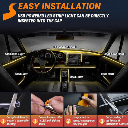 Interior Car LED Strip Lights 315 inches Fiber Optic tubing USB Powered RGB 6 in 1 Car Neon with Wireless APP and Remote Control, Ambient Lighting Kits 16 Million Colors,Sync to Music