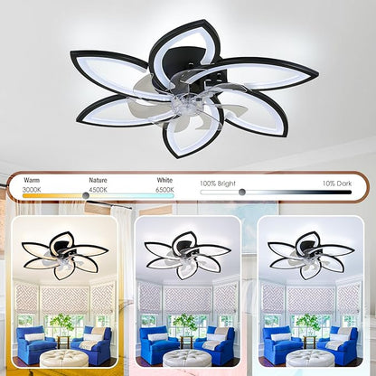Ceiling Fan with Lights and Remote Control Low Profile Ceiling Fan with Lights Modern Dimmable Flower Shape 29.1" Black, 6 Speeds 3 Light Color Flush Mount Fandelier for Kitchen Bedroom