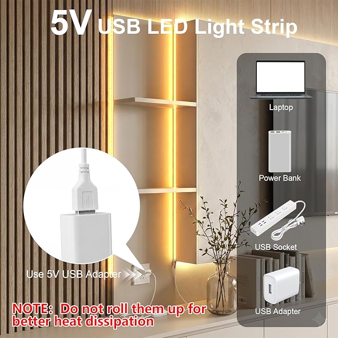 COB LED Strip Light 5V, 2m 608 LEDs/M Dimmable 2700K - 6500K 8mm Width CRI93+ Flexible Dimmable Light Kit for TV Backlight Bedroom Gaming Room Kitchen Cabinet Decor(CCT, 6.56FT/2M USB)